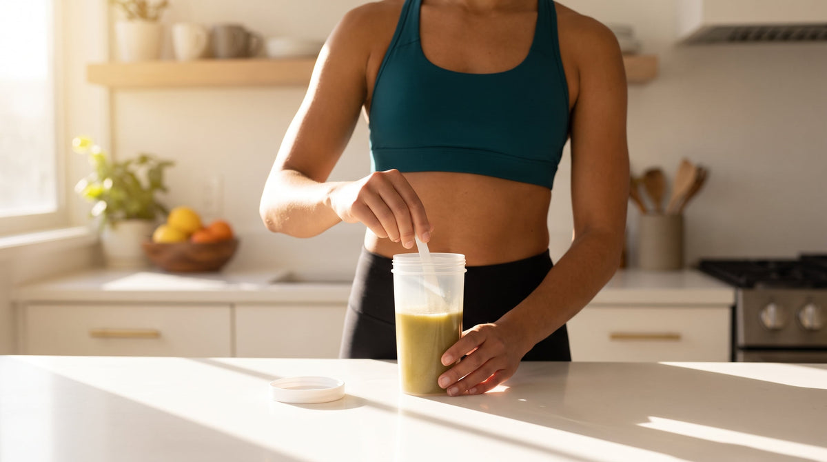 A person in athletic wear prepares a supplement drink with a shaker bottle in a sunlit, modern kitchen.