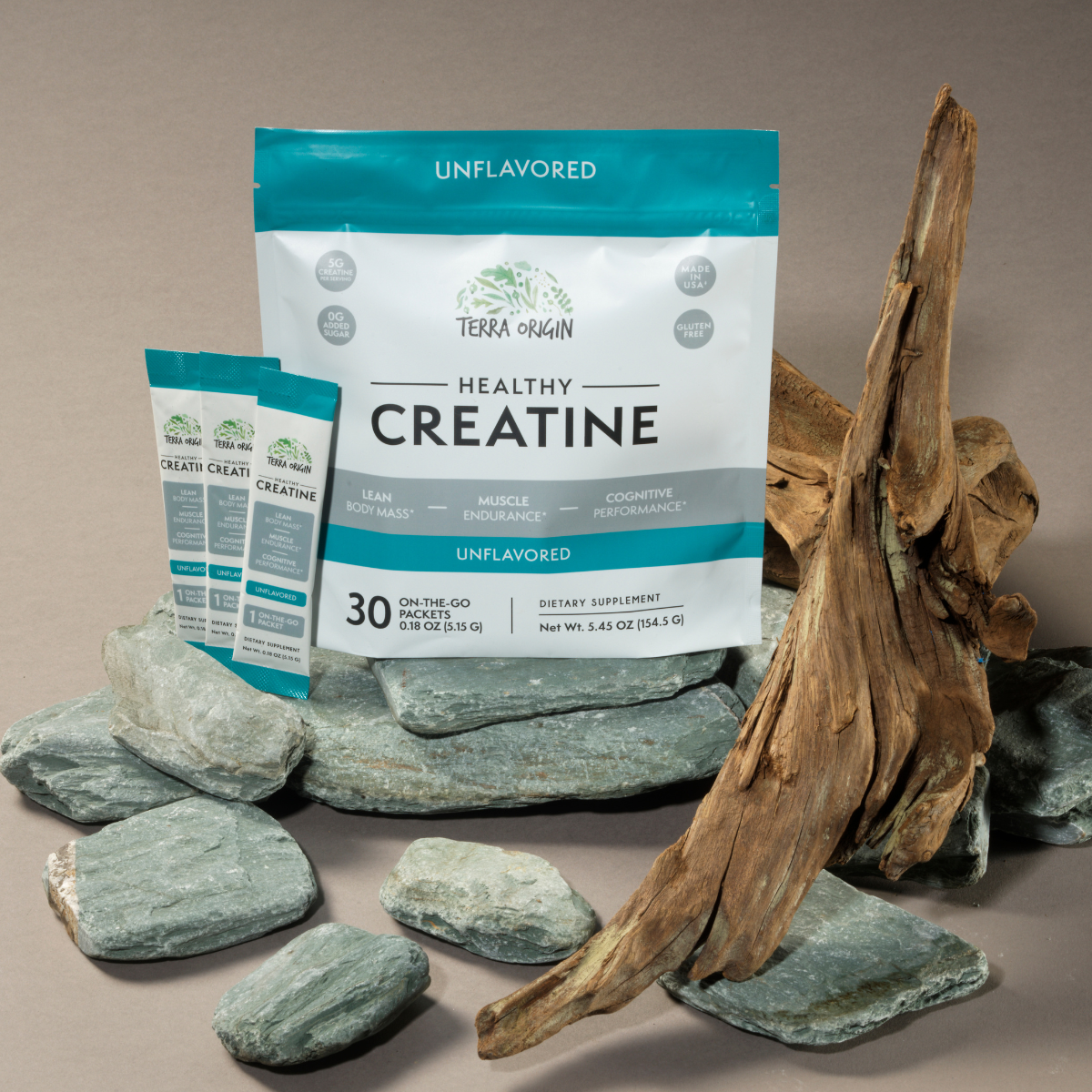 Terra Origin Healthy Creatine supplement package with natural elements on a neutral background