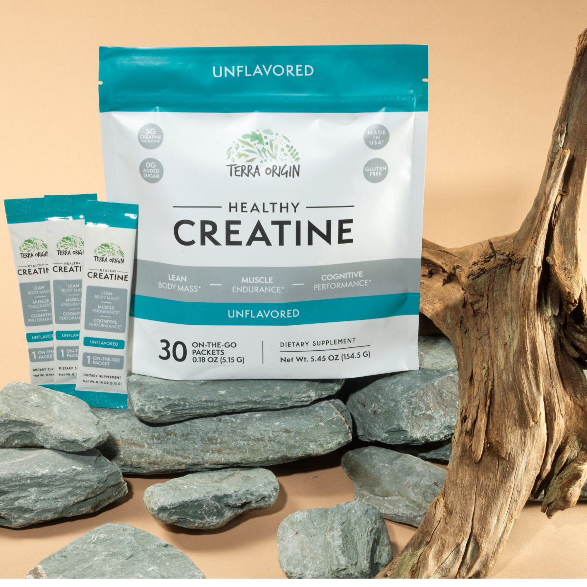 Terra Origin Healthy Creatine supplement package on a natural stone background