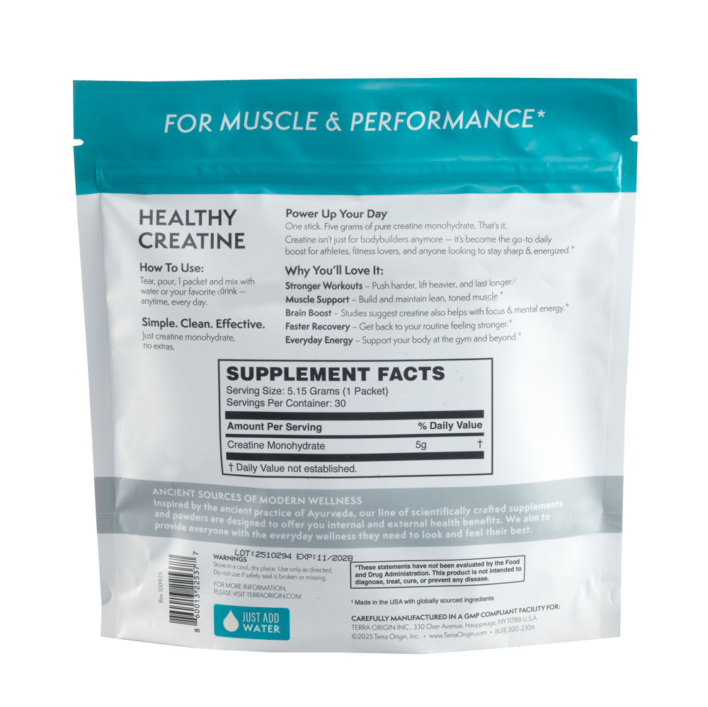 Supplement package for muscle and performance with text on a white background