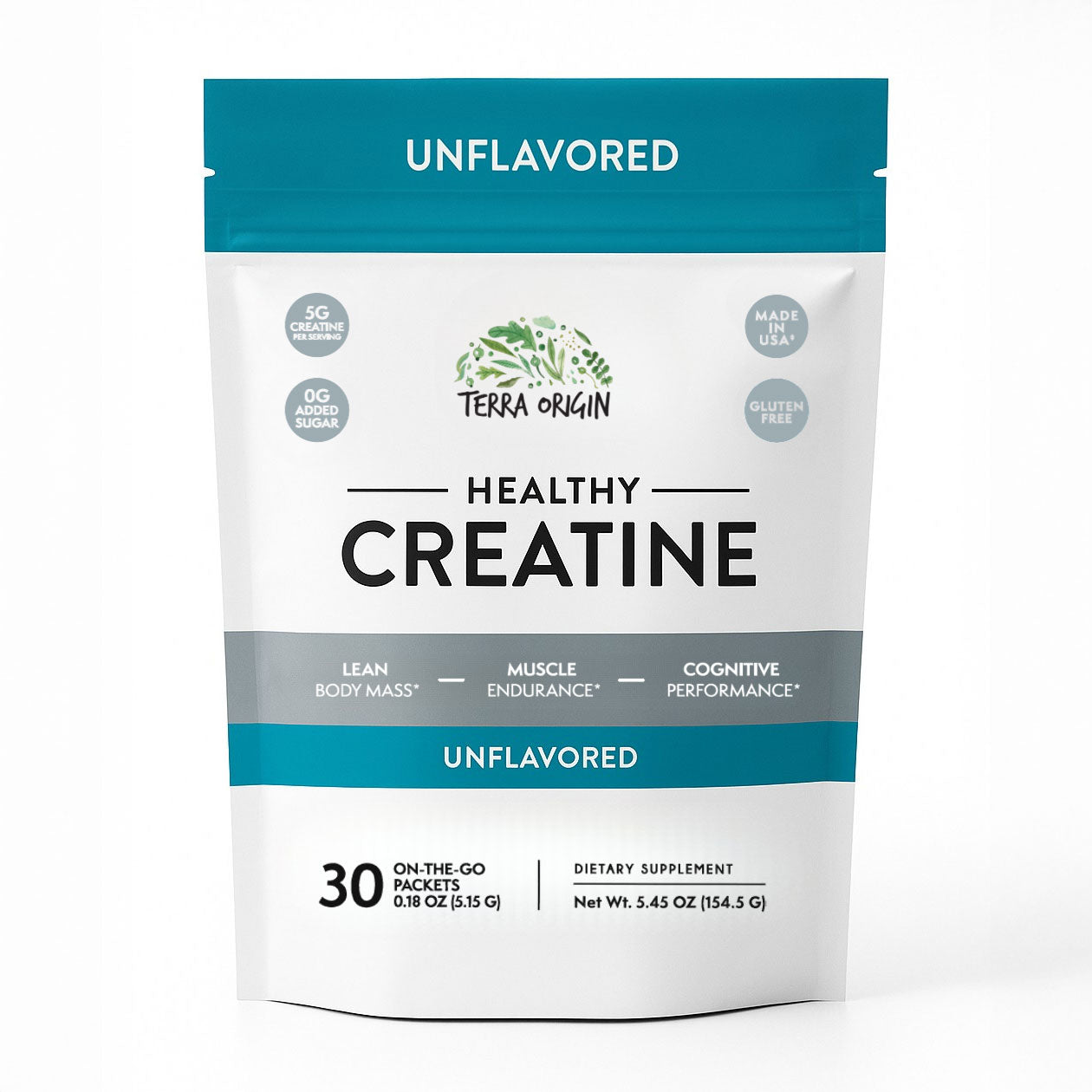 Terra Origin Healthy Creatine Packets bag front view unflavored 30 count