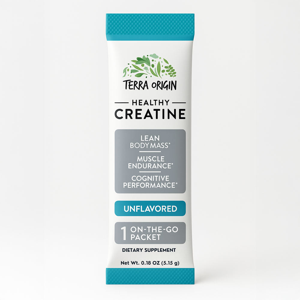 Terra Origin Healthy Creatine supplement packet on a white background