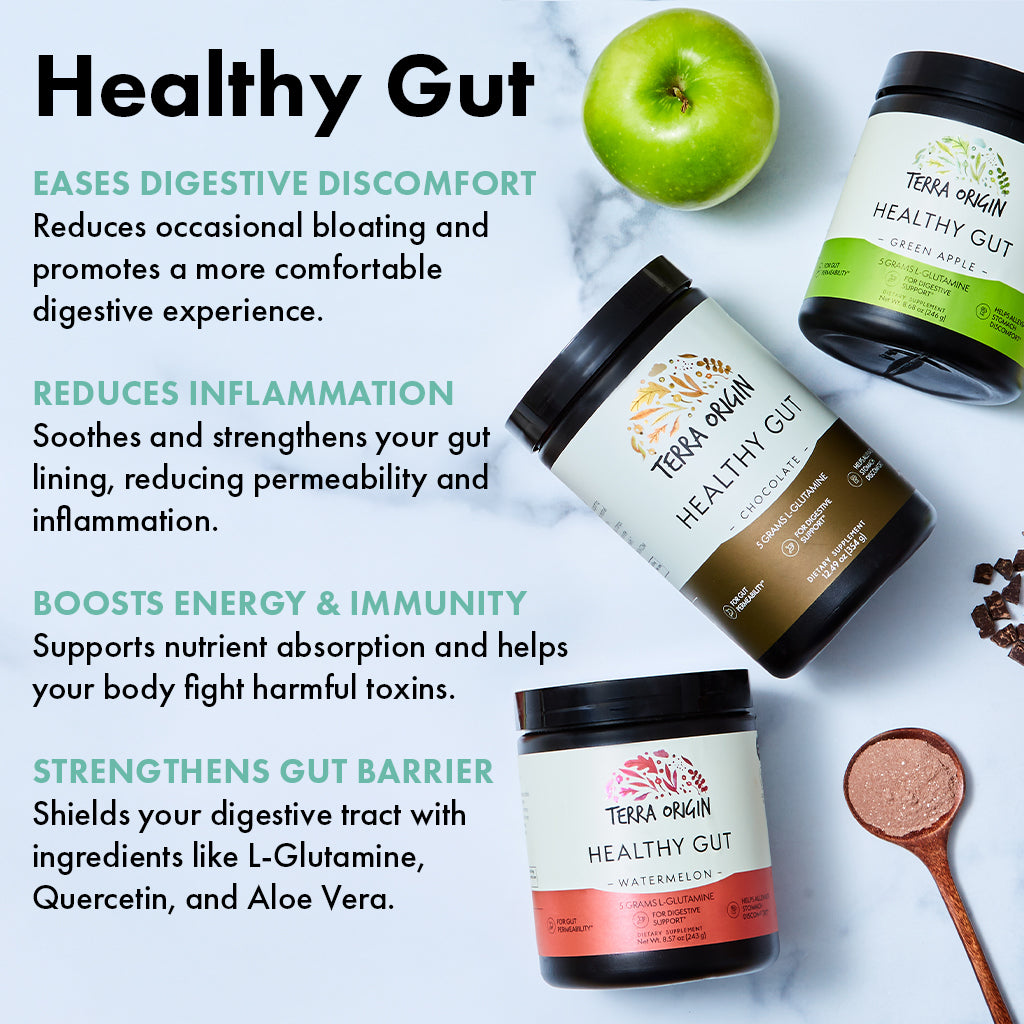 Informational graphic showing the benefits of Healthy Gut Powder