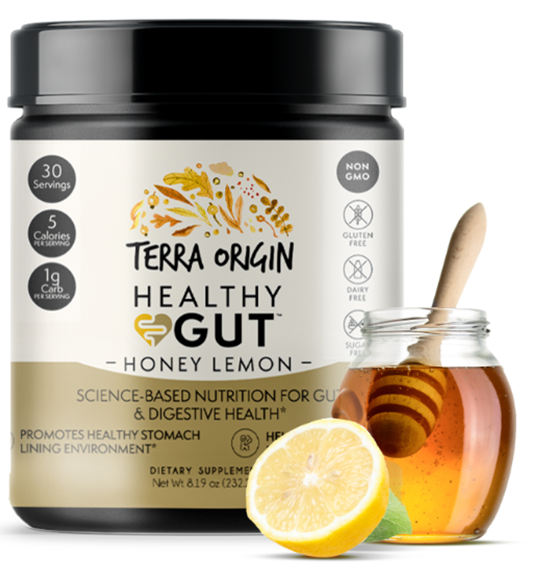 Healthy Gut Honey Lemon flavor jar with honey jar and lemon slide on white background