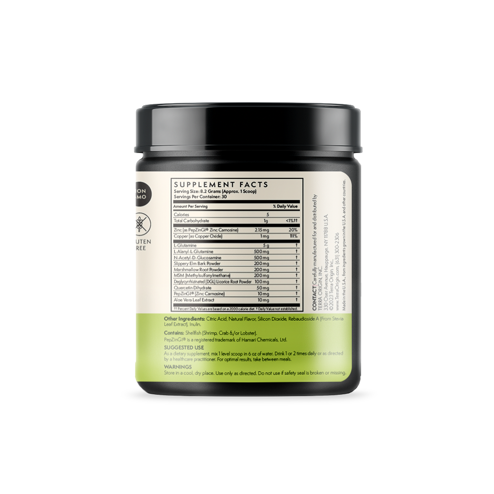 Terra Origin Healthy Gut Powder Berry Flavor side view of supplement facts