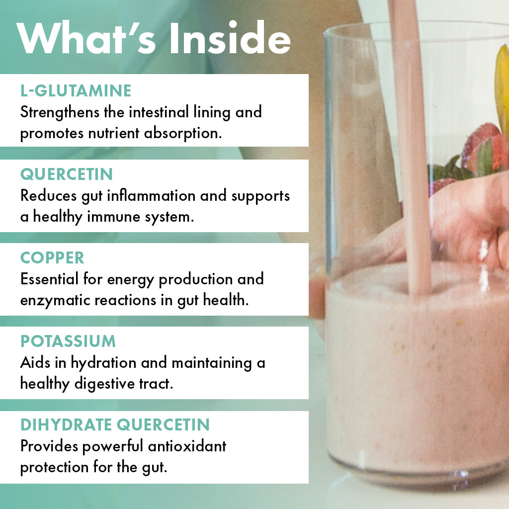 Informational graphic showing benefits of L-Glutamine and Quercetin in Healthy Gut Powder