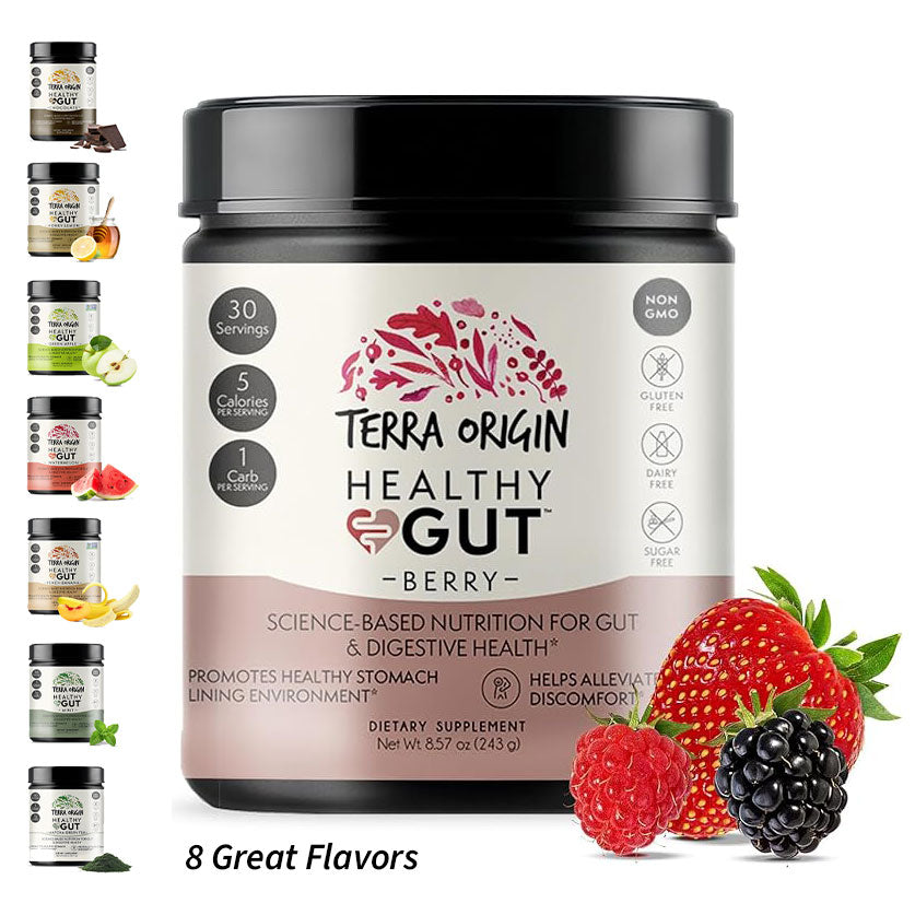 A collage of Terra Origin Healthy Gut Powder jars with different flavors, featuring a main jar labeled 'Berry' and images of various fruits around it, including strawberries, blueberries, and raspberries.