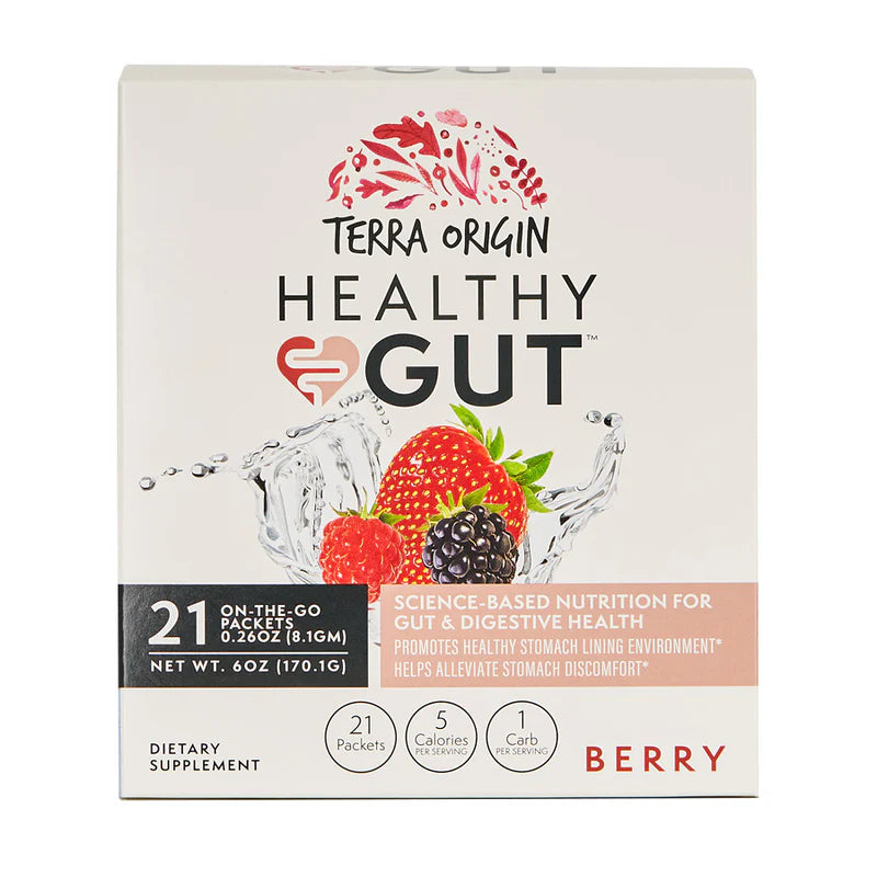 Box of Terra Origin Healthy Gut 21 packet supplement with berry flavor on a white background