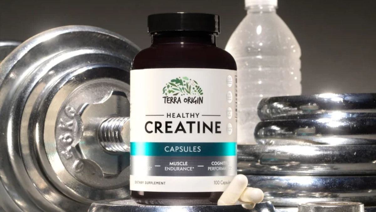 Healthy Creatine Capsules with weights in background