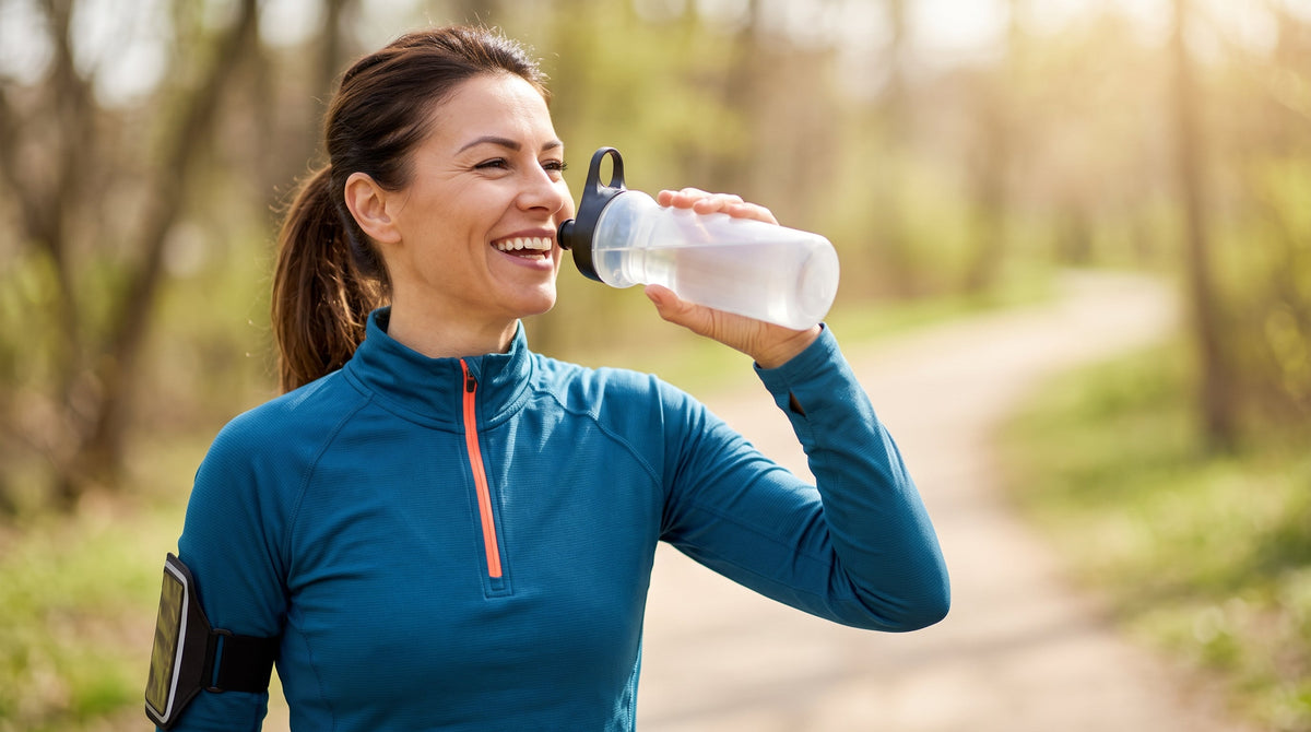 An active adult smiles while taking a refreshing drink from a reusable sports bottle during an outdoor workout on a sunny day.