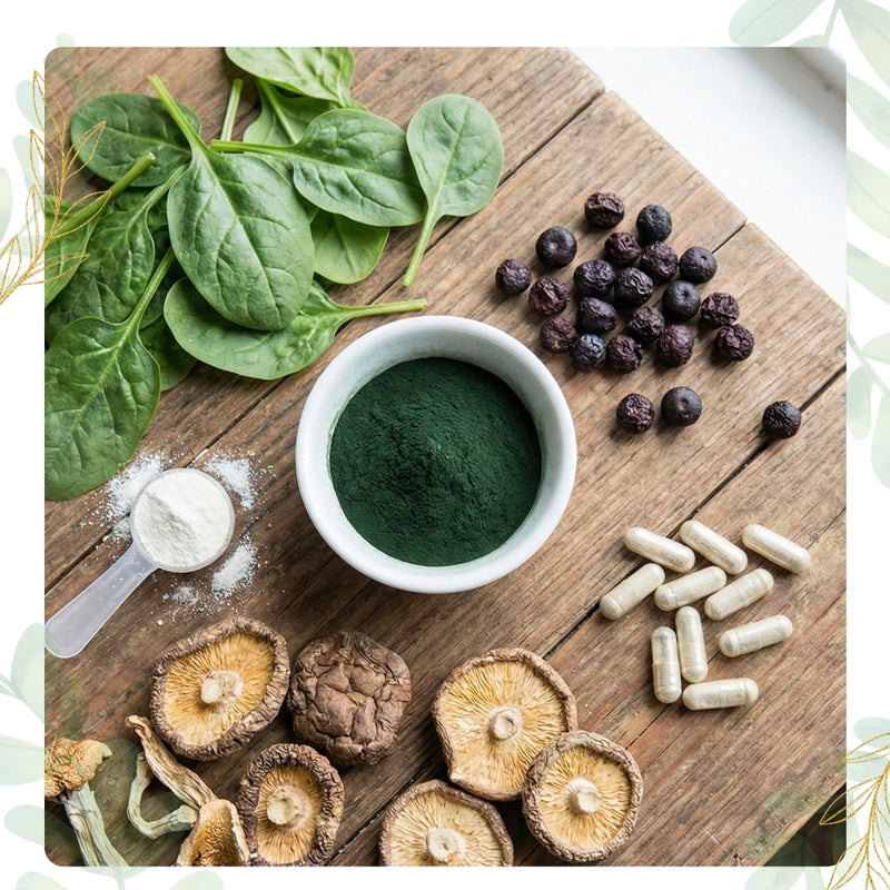 Supplement ingredients including a bowl of green powder, dried mushrooms, and berries on a wooden surface.