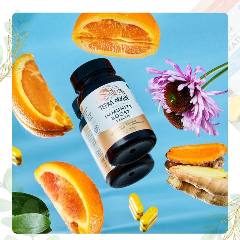 Immunity boost tablets with real ingredients around it 