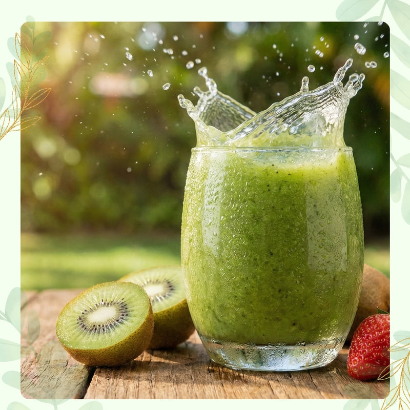 Glass of green smoothie with a splash, surrounded by kiwis and raspberries on a wooden surface.
