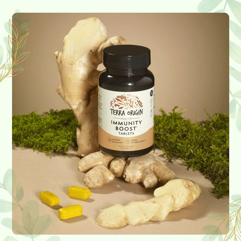 bottle of immunity boost supplements with ginger root 