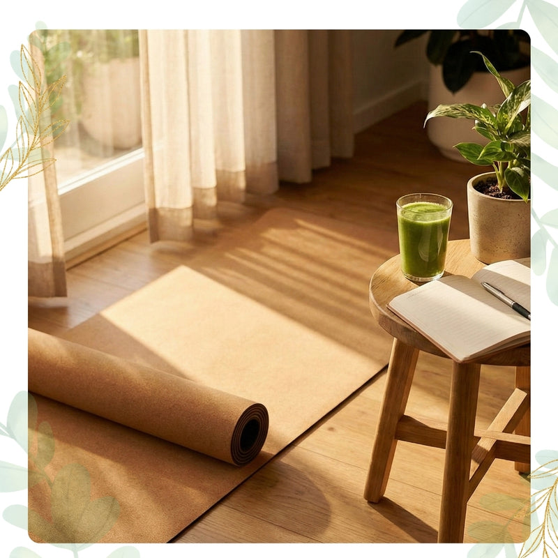 Yoga mat rolled out on a wooden floor with a glass of green juice and a notebook on a stool.