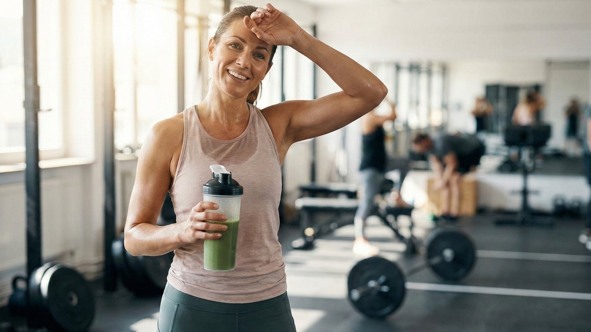Woman holding a green shake in a gym setting