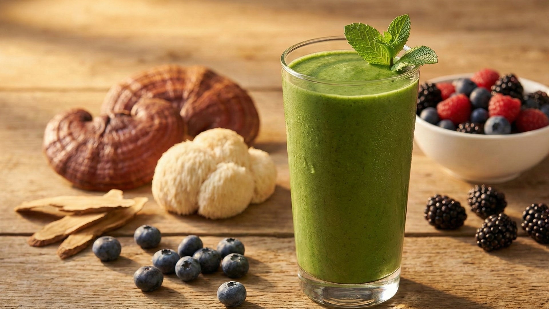 Green smoothie in a glass with fresh fruits and bread on a wooden table
