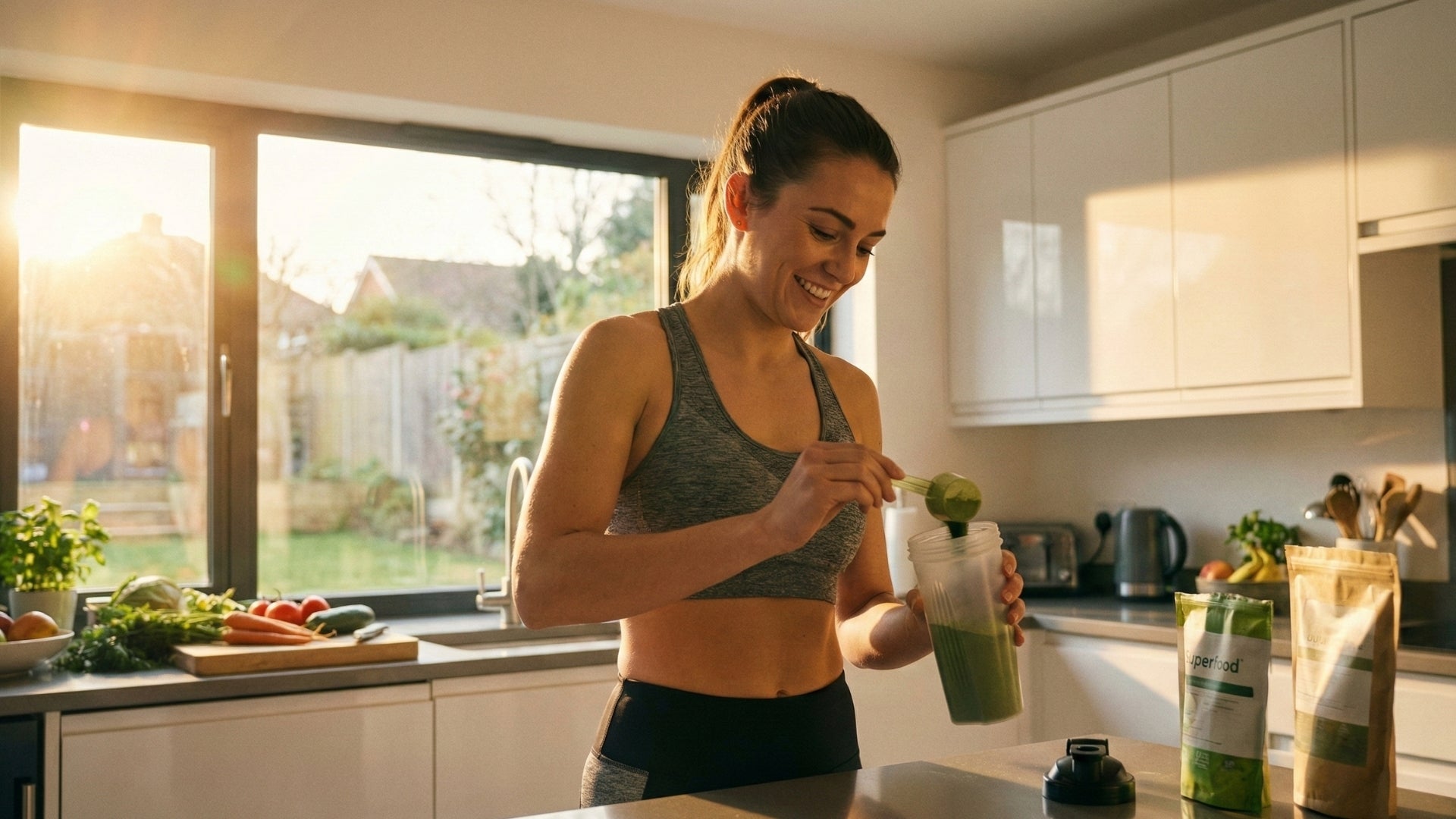 Woman in a kitchen holding a green smoothie, with a bright and airy atmosphere.
