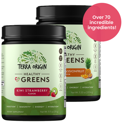 Terra Origin Healthy Greens superfood powder canisters with over 70 incredible ingredients badge